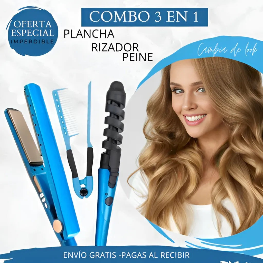COMBO 3 En 1 NANO TITANIUM PLANCHA + PEINE + RIZADOR